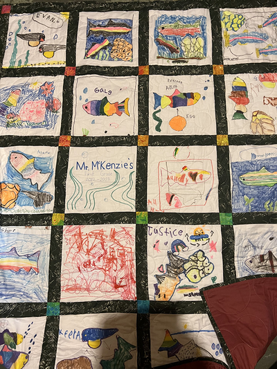 Trout quilt made by first grade students at Mountainview Elementary
