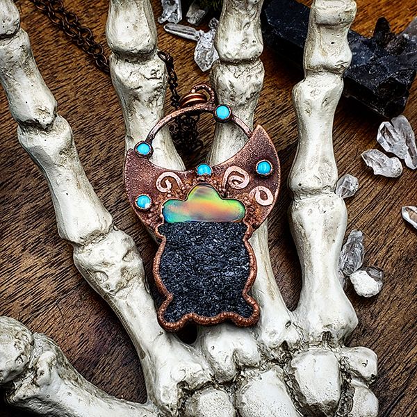 A fun piece of wearable art for Halloween, artisan crafted cauldron with multi layers of copper electroformed