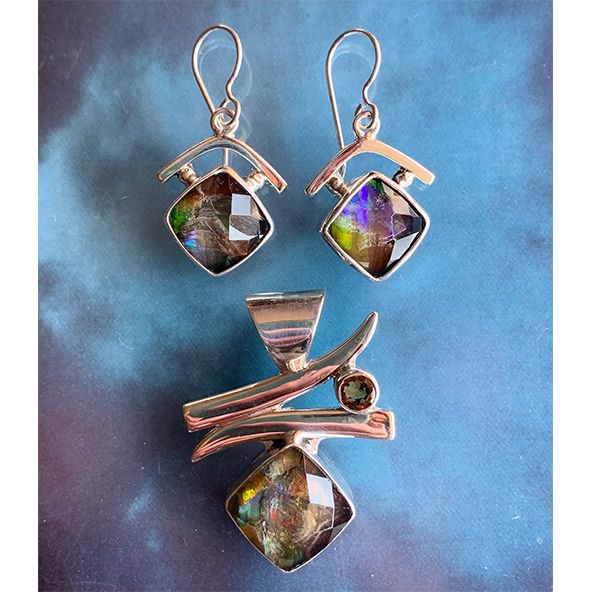 Faceted Ammolite from Canada set in sterling