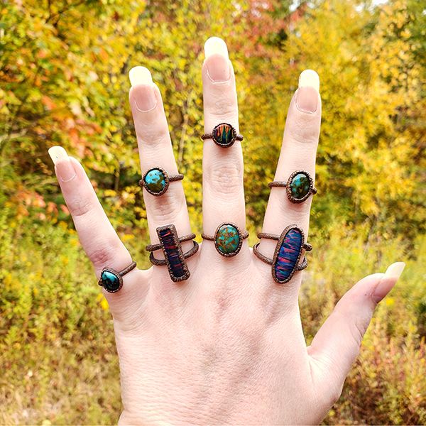 Handcrafted rings with artisan cut turquoise and opal