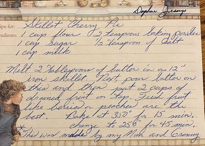 Skillet cherry pie handwritten recipe card