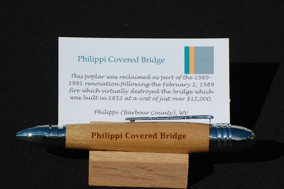 Pen crafted from wood recovered from the Philippi Covered Bridge
