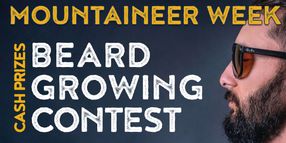 Photo of a bearded man wearing sunglasses in profile. Mountaineer Week Beard Growing Contest. Cash prizes.