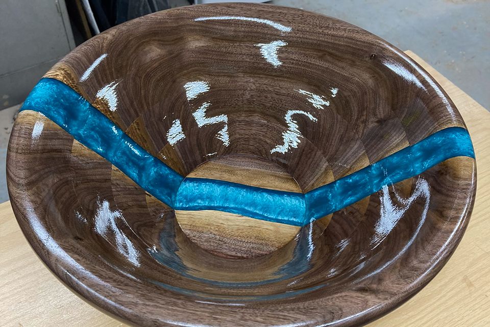 walnut and blue epoxy bowl