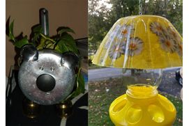 planter made from recycled metal and fashioned to resemble a pig and a mason jar bird feeder