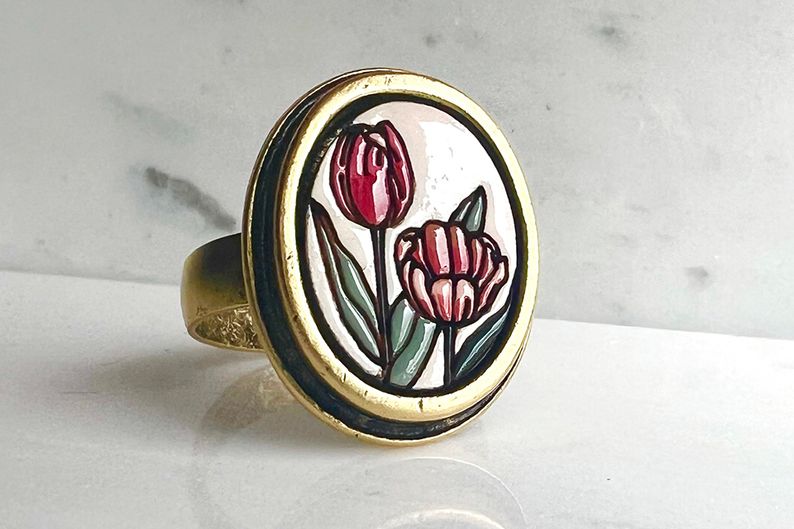 hand painted wooden tulip ring