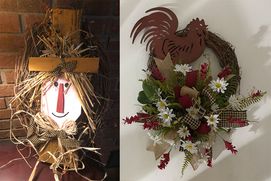 Floral wreath featuring a metal rooster