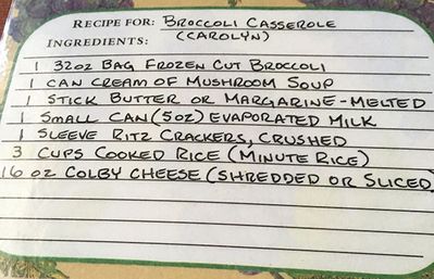 Broccoli casserole handwritten recipe card 