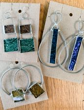 glass earrings in blue and green